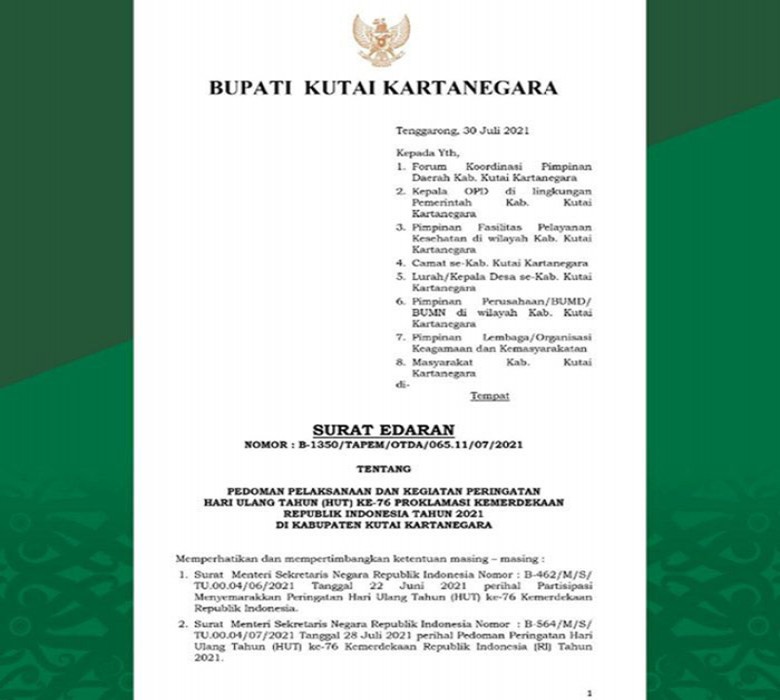 Bupati Kukar Terbitkan Surat Edaran Tentang Pedoman Pelaksanaan Kegiatan Peringatan HUT RI ke-76