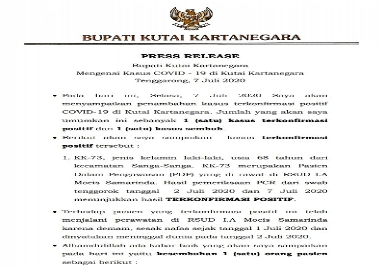 Satu Pasien Covid-19 Kukar Meninggal Dunia