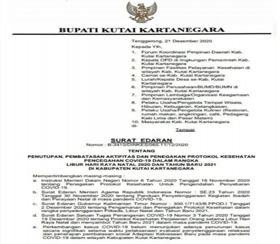Jelang Perayaan Natal 2020 dan Tahun Baru 2021, Bupati Edi Damansyah Keluarkan Surat Edaran