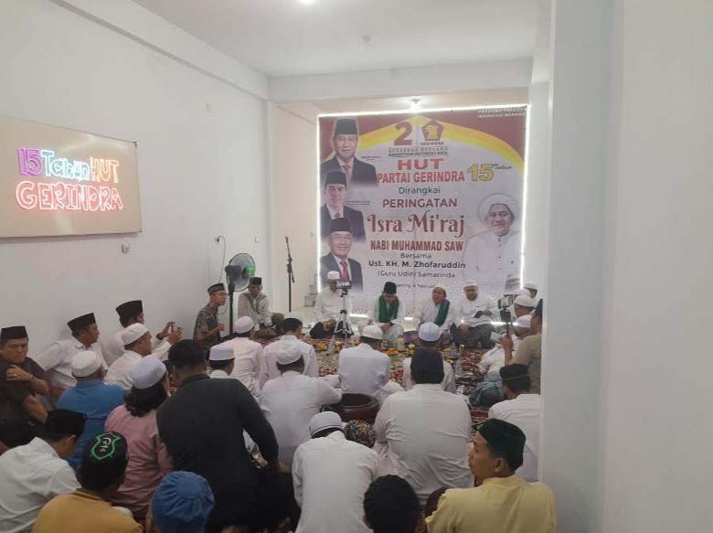 HUT Partai Gerindra ke-15 Dirangkai Peringatan Isra' Mi'raj Menghadirkan Guru Udin Samarinda