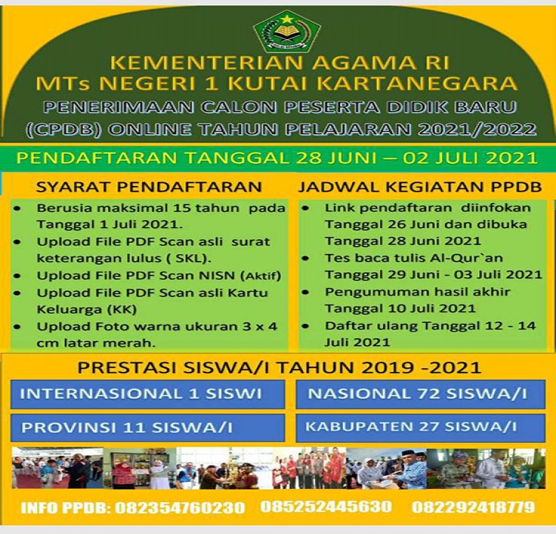 MTs Negeri 1 Kukar Buka PPDB Sampai 2 Juli 2021