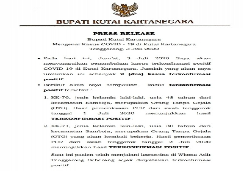 Kukar Tambah Lagi 2 Kasus Positif Covid-19