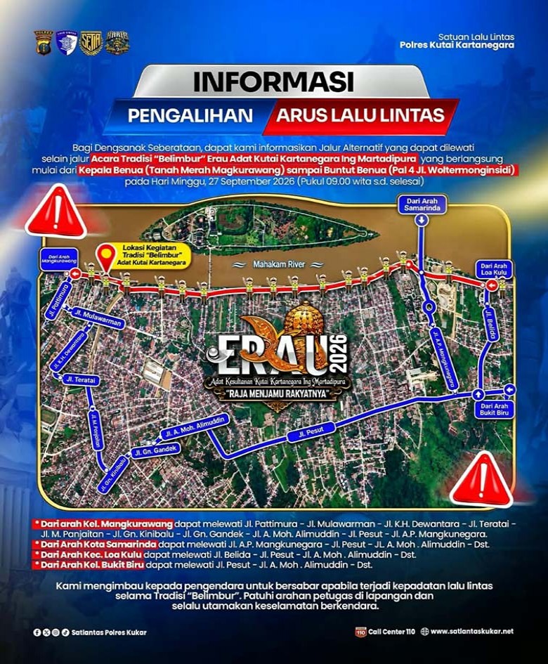 Jelang Belimbur Erau Adat Kutai 2026, Satlantas Kukar Alihkan Arus di Sejumlah Ruas Tenggarong