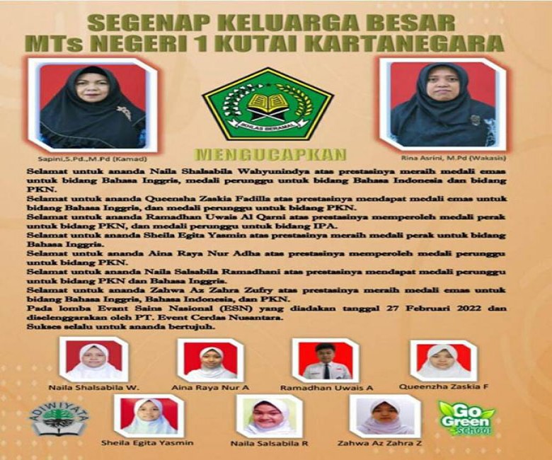 Membanggakan, 7 Siswa MTs Negeri 1 Kukar Raih Prestasi Tingkat Nasional