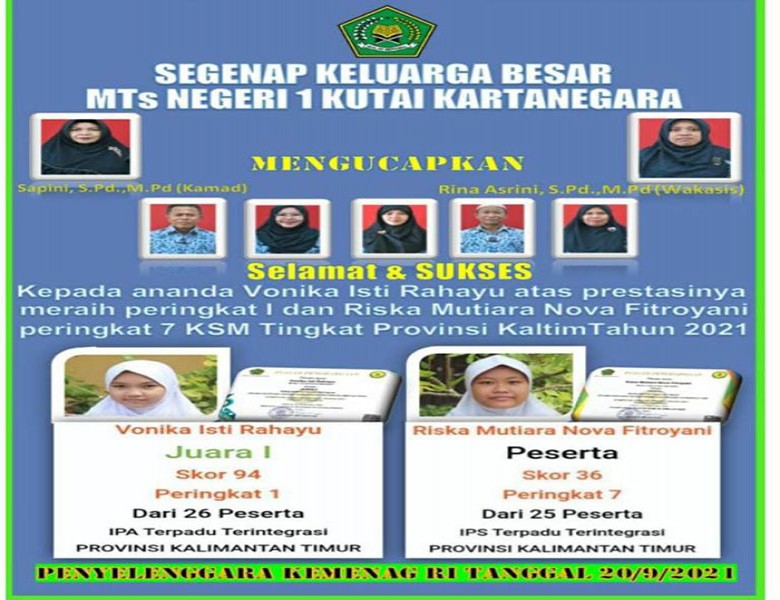 Dua Siswi MTs Negeri 1 Kukar Raih Prestasi Tingkat Provinsi