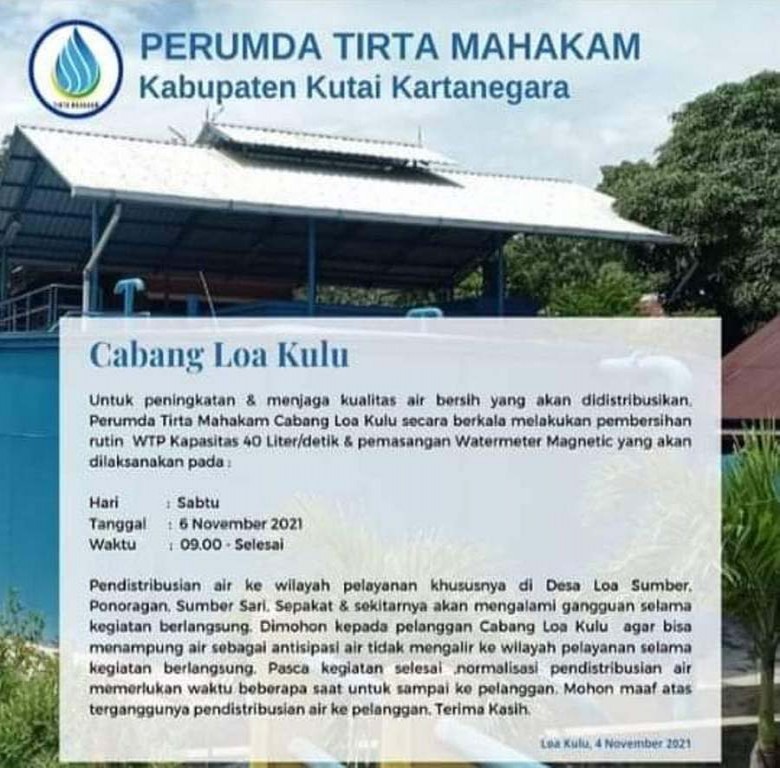 Besok WTP Loa Kulu Dibersihkan, Distribusi Air Bersih Terhambat