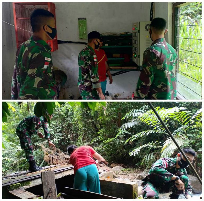 Anggota Satgas Pamtas RI-MLY Yonif 614/Rjp Bersama Warga Desa Long Jeled Melakukan Perawatan Bangunan PLTA