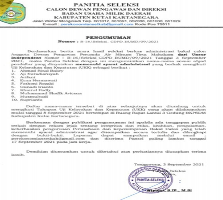 Pemkab Umumkan Nama Bacalon Dewas Perumda Tirta Mahakam dan Direktur TP