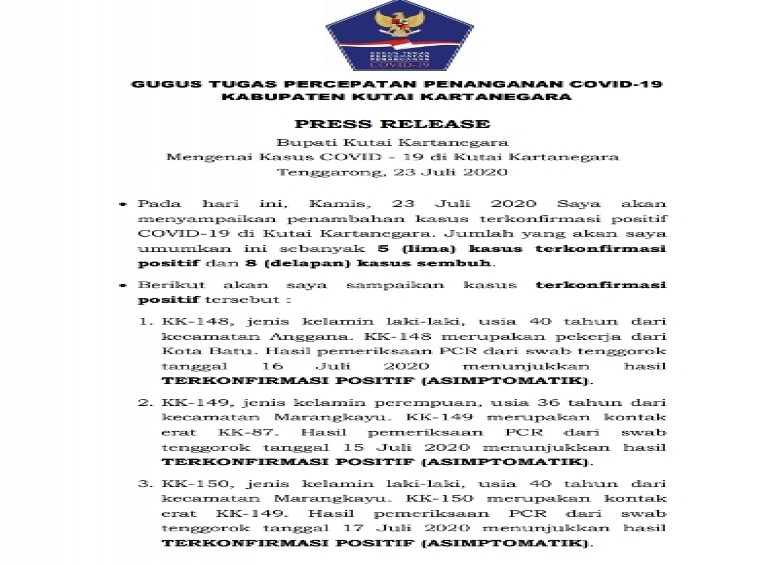 Kasus Positif Covid-19 Kukar Bertambah dari Klaster Senam Marangkayu dan Tanjung Aju
