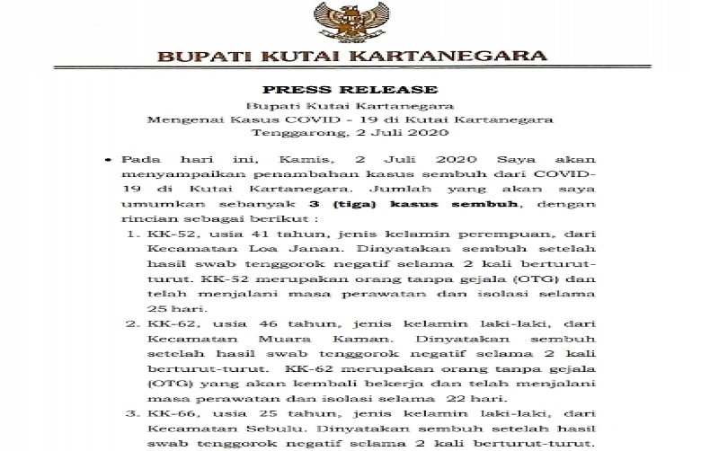 Kabar Gembira Hari Ini, Kukar Tambah 3 Pasien Sembuh Covid-19