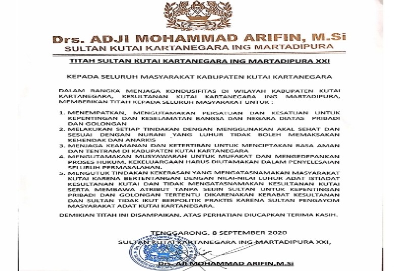 Jaga Kondusifitas, Sultan Kutai Kembali Keluarkan Titah