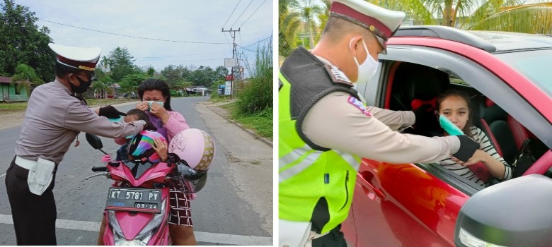 Upaya Memutus Rantai COVID-19, Satlantas Polres Kubar Bagikan Masker Dijalan Raya