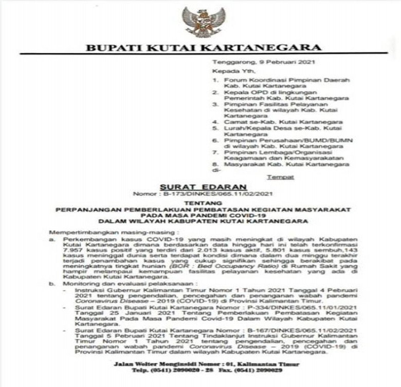 Bupati Keluarkan Surat Edaran, Pembatasan Kegiatan Masyarakat di Kukar Diperpanjang