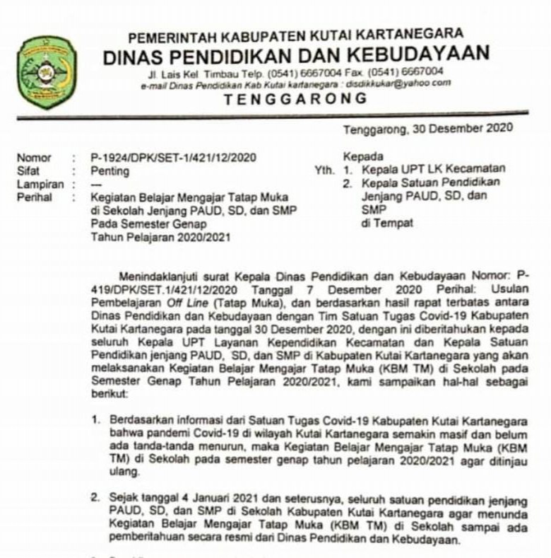 Pemkab Kukar Putuskan Tunda KBM Tatap Muka